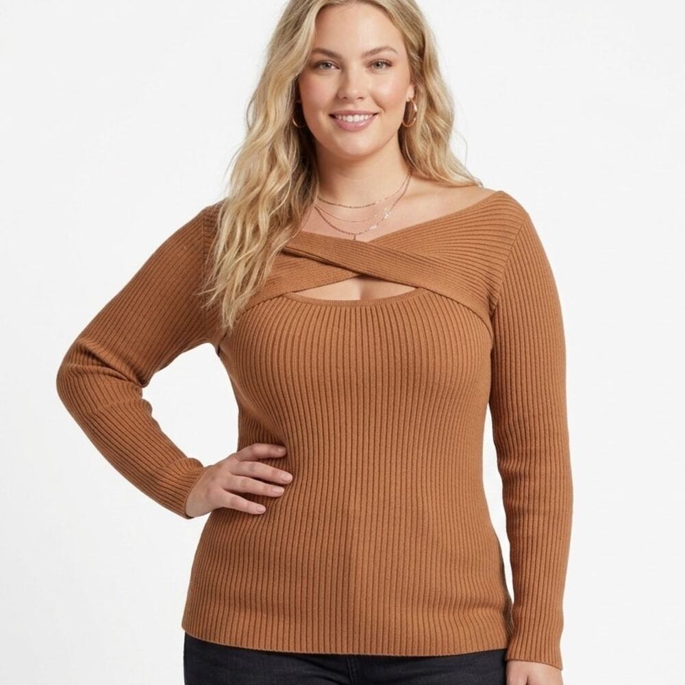 Cider Ribbed Knit Cut Out Top Womens Size 1X Camel Twist Neck Stretch